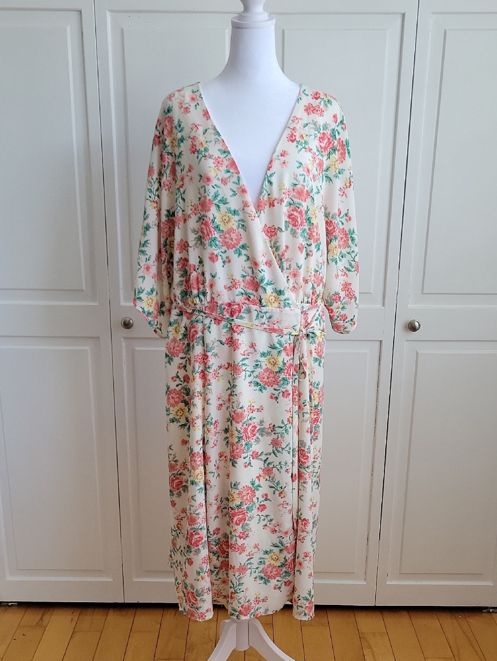 Floral Wrap Midi Dress in Cream with Pink & Green Blooms